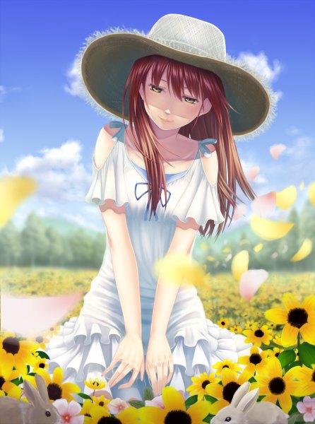 Anime picture 892x1200 with original koko (koko3) single long hair tall image looking at viewer brown hair yellow eyes girl flower (flowers) hat animal petals sundress straw hat bunny