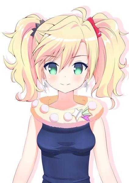 Anime picture 824x1168 with ongaku shoujo chitose haru yutsuki warabi single tall image looking at viewer blush short hair blonde hair smile white background twintails green eyes upper body ahoge short twintails girl earrings