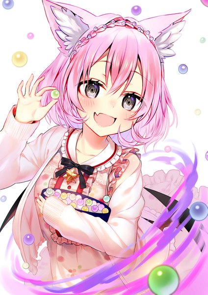 Anime picture 1000x1414 with original shirako sei single tall image looking at viewer fringe short hair open mouth simple background smile hair between eyes white background holding animal ears pink hair upper body nail polish grey eyes fox ears fox girl