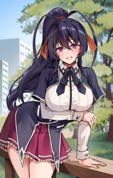Anime picture 3500x5500 with highschool dxd himejima akeno foxyrain single long hair tall image looking at viewer blush fringe highres breasts light erotic black hair smile hair between eyes large breasts standing purple eyes absurdres sky