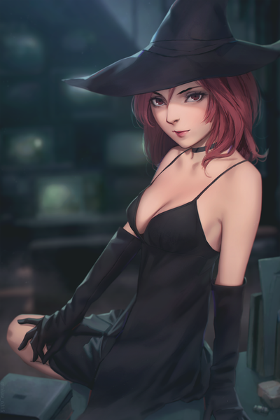 Anime picture 1200x1800 with kara no kyoukai type-moon aozaki touko miura-n315 single long hair tall image looking at viewer fringe breasts light erotic hair between eyes red eyes sitting bare shoulders signed red hair indoors lips realistic