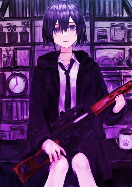 Anime picture 3035x4299 with original hisamichi (hisamichi1373) single tall image looking at viewer blush fringe highres short hair hair between eyes sitting purple eyes holding absurdres purple hair bent knee (knees) indoors long sleeves open jacket fang (fangs)