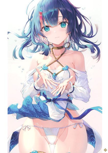 Anime picture 2873x4072 with fate (series) fate/requiem utsumi erise rin yuu single long hair tall image looking at viewer blush fringe highres breasts blue eyes light erotic simple background hair between eyes large breasts standing white background signed