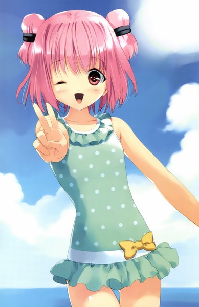 Anime picture 2277x3514 with soshite ashita no sekai yori hinata yuuhi ueda ryou tall image blush highres short hair breasts twintails pink hair cloud (clouds) one eye closed pink eyes wink loli short twintails victory flat chest girl bow