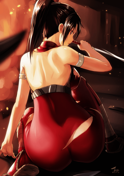 Anime picture 703x1000 with soulcalibur soulcalibur vi taki (soulcalibur) tea (nakenashi) single long hair tall image fringe light erotic black hair holding signed payot ass ponytail looking back from behind black eyes torn clothes squat