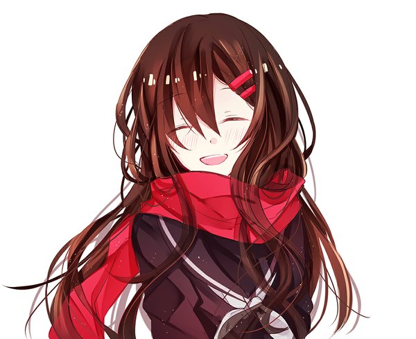 Anime picture 1100x897 with kagerou project shaft (studio) tateyama ayano flywinga7 single long hair fringe open mouth simple background brown hair white background eyes closed happy girl uniform hair ornament serafuku hairclip scarf