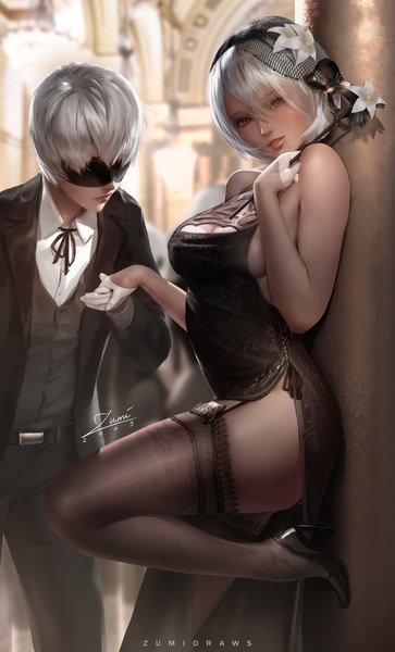 Anime picture 2120x3508 with nier nier:automata yorha no. 2 type b yorha no. 9 type s zumi (zumidraws) tall image looking at viewer blush fringe highres short hair breasts light erotic hair between eyes large breasts standing bare shoulders signed silver hair bent knee (knees)