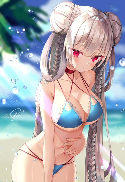 Anime picture 1409x2048 with azur lane formidable (azur lane) formidable (the lady of the beach) (azur lane) sinobi illust single long hair tall image looking at viewer blush fringe breasts light erotic blonde hair large breasts standing sky cloud (clouds) outdoors blunt bangs braid (braids)