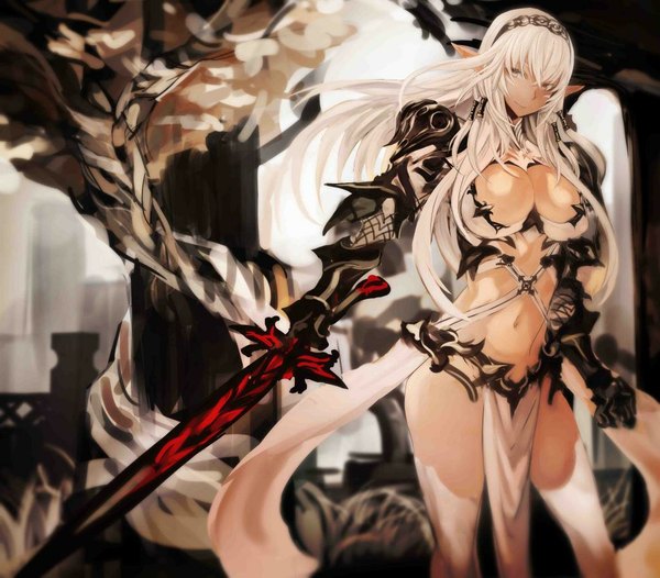 Anime picture 1024x898 with original ricci single breasts light erotic smile large breasts standing holding looking away cleavage white hair very long hair pointy ears midriff dark skin jpeg artifacts dark elf girl thighhighs