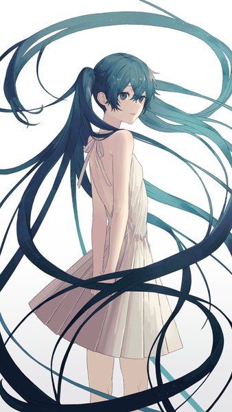 Anime picture 2308x4096 with vocaloid hatsune miku rairyuu single tall image looking at viewer fringe highres simple background hair between eyes standing white background twintails very long hair parted lips aqua eyes light smile from behind aqua hair floating hair