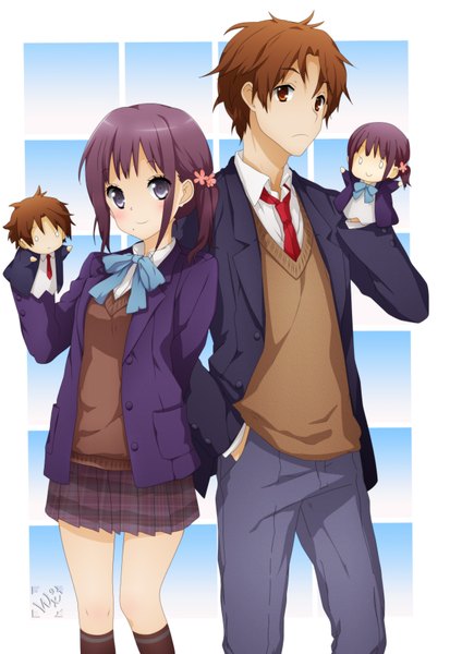 Anime picture 1240x1800 with kokoro connect silver link nagase iori yaegashi taichi von-cx (van-dinex) tall image blush short hair smile brown hair purple eyes purple hair pleated skirt orange eyes coloring hand in pocket girl boy uniform school uniform