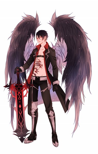 Anime picture 900x1411 with original cinnamonsao single tall image looking at viewer blush fringe short hair light erotic black hair simple background hair between eyes red eyes standing white background full body open jacket turning head groin angel wings