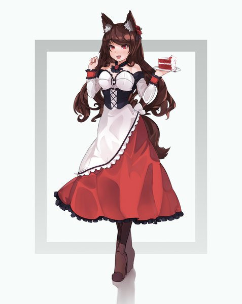Anime picture 1637x2061 with touhou imaizumi kagerou ehrrr single long hair tall image looking at viewer fringe open mouth simple background smile red eyes brown hair standing bare shoulders holding animal ears full body tail long sleeves
