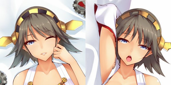 Anime picture 1000x500 with kantai collection hiei battleship dean single looking at viewer short hair open mouth blue eyes black hair wide image one eye closed wink armpit (armpits) girl hair ornament detached sleeves