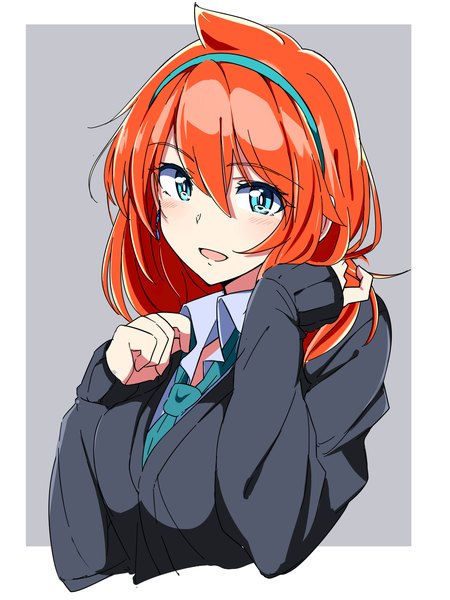 Anime picture 1200x1600 with original amano tora kazenoko single long hair tall image looking at viewer fringe open mouth blue eyes simple background smile hair between eyes ahoge upper body head tilt orange hair grey background tears adjusting hair