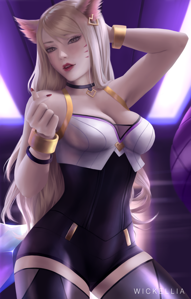 Anime picture 3200x5000 with league of legends k/da (league of legends) ahri (league of legends) k/da ahri wickellia single long hair tall image highres breasts light erotic blonde hair standing brown eyes signed looking away absurdres cleavage nail polish arm up