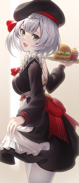 Anime picture 348x800 with genshin impact kfc (company) noelle (genshin impact) noelle (kfc) (genshin impact) imo (pixiv66072410) single tall image looking at viewer fringe short hair breasts open mouth simple background smile standing holding green eyes silver hair blunt bangs braid (braids)