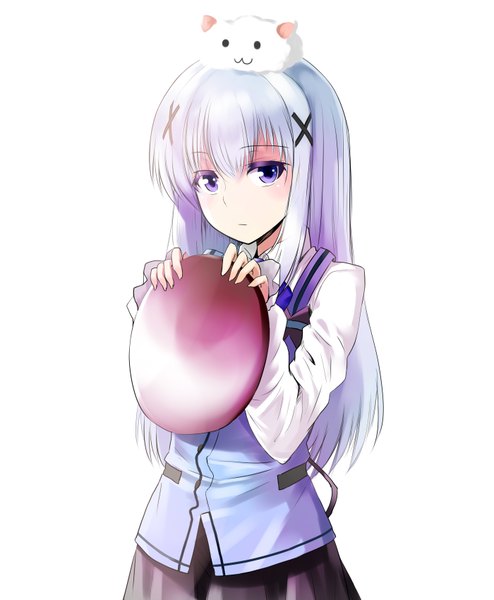 Anime picture 2800x3400 with gochuumon wa usagi desu ka? white fox kafuu chino tippy (gochiusa) karadborg single long hair tall image looking at viewer highres white background purple eyes white hair animal on head solid eyes girl dress animal x hair ornament rabbit house uniform