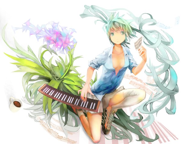 Anime picture 1280x1024 with vocaloid hatsune miku iwahashi san single fringe breasts light erotic simple background white background twintails very long hair aqua eyes aqua hair open clothes no bra open shirt alternate costume girl thighhighs flower (flowers)