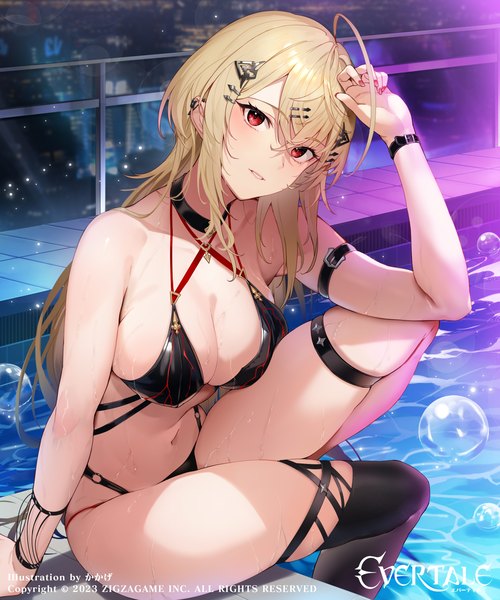 Anime-Bild 2500x3000 mit evertale kakage single long hair tall image looking at viewer fringe highres breasts light erotic blonde hair hair between eyes red eyes large breasts sitting ahoge night arm support wet copyright name