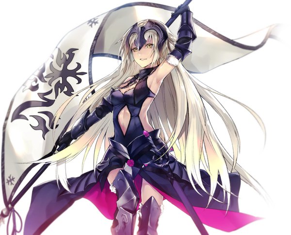 Anime picture 1280x1033 with fate (series) fate/grand order fate/apocrypha jeanne d'arc (fate) (all) jeanne d'arc alter (fate) jeanne d'arc alter (avenger) (third ascension) (fate) applekun single long hair looking at viewer light erotic simple background blonde hair white background holding yellow eyes parted lips arm up armpit (armpits) girl