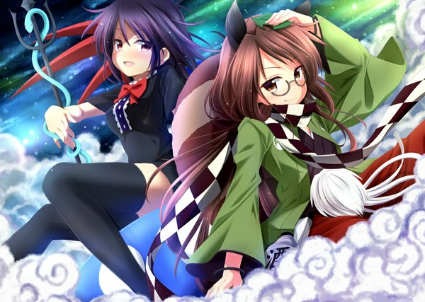 Anime picture 942x671 with touhou houjuu nue futatsuiwa mamizou sui. (ayase) long hair blush short hair open mouth smile brown hair multiple girls brown eyes purple hair pink eyes smoke smirk checkered scarf girl thighhighs black thighhighs