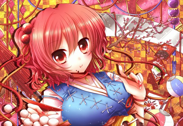 Anime picture 1000x688 with touhou onozuka komachi sanotsuki single looking at viewer blush short hair red eyes red hair cherry blossoms eating girl hair ornament hair tie branch hair bobbles