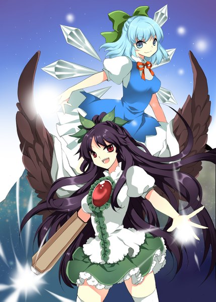 Anime picture 1000x1399 with touhou cirno reiuji utsuho roh nam kyung long hair tall image looking at viewer short hair open mouth blue eyes black hair red eyes multiple girls blue hair magic black wings arm cannon girl thighhighs dress