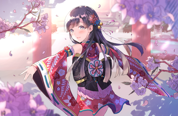 Anime picture 1500x984 with idolmaster idolmaster cinderella girls idolmaster cinderella girls starlight stage kobayakawa sae ultone (neisiss) single long hair looking at viewer blush black hair smile standing bare shoulders brown eyes outdoors traditional clothes parted lips japanese clothes looking back hair flower