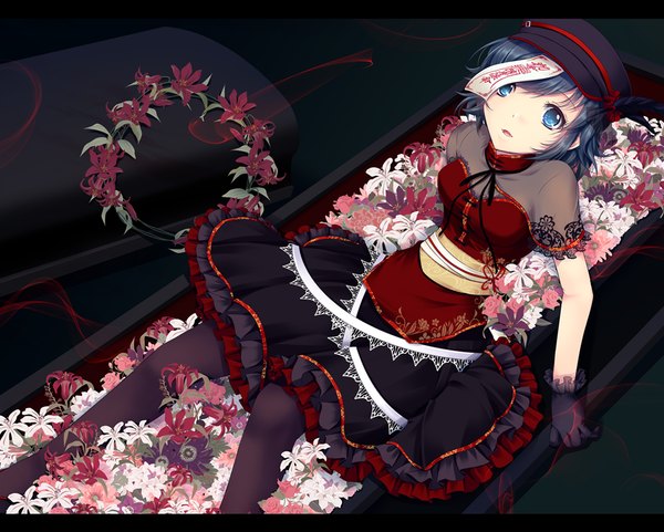 Anime picture 1000x803 with touhou miyako yoshika cetera single short hair open mouth blue eyes blue hair girl dress gloves flower (flowers) hat pantyhose obi corset ofuda coffin