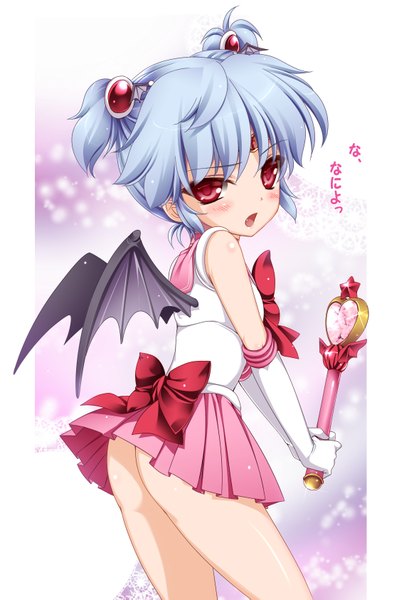 Anime picture 1163x1685 with bishoujo senshi sailor moon touhou toei animation remilia scarlet moneti (daifuku) single tall image blush short hair open mouth light erotic red eyes blue hair ass cosplay girl miniskirt wings