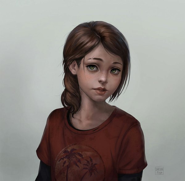 Anime picture 1000x983 with the last of us ellie dandon fuga single long hair simple background brown hair green eyes lips realistic grey background scar girl t-shirt