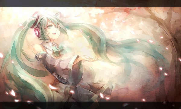 Anime picture 1600x969 with vocaloid sakura no ame (vocaloid) hatsune miku 60mai single long hair open mouth wide image twintails looking away aqua eyes aqua hair wide sleeves glow girl skirt detached sleeves shirt petals headphones