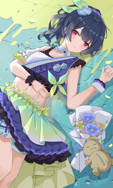 Anime picture 1198x2000 with idolmaster idolmaster shiny colors morino rinze serika single tall image looking at viewer fringe short hair black hair red eyes ponytail lying hair flower midriff on back girl skirt flower (flowers) wrist cuffs