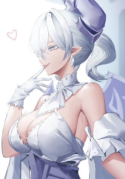 Anime picture 2654x3801 with yu-gi-oh! lovely labrynth of the silver castle mea (hwaksal) single tall image fringe highres short hair breasts light erotic hair between eyes large breasts twintails looking away cleavage silver hair upper body profile horn (horns) pointy ears