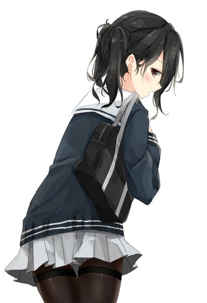 Anime picture 600x880 with original kurottari single long hair tall image looking at viewer blush black hair twintails brown eyes profile from behind leaning leaning forward girl skirt uniform school uniform miniskirt pantyhose
