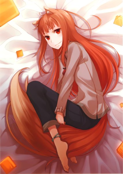 Anime picture 4514x6339 with spice and wolf horo ayakura juu long hair tall image looking at viewer blush highres smile red eyes brown hair animal ears absurdres red hair tail profile barefoot scan official art legs