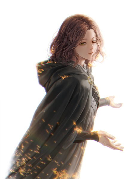 Anime picture 1418x2000 with elden ring melina (elden ring) jdori single tall image looking at viewer short hair simple background brown hair standing white background yellow eyes one eye closed girl hood cloak sparks
