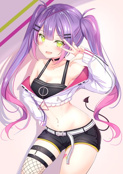 Anime picture 2894x4093 with virtual youtuber hololive tokoyami towa tokoyami towa (1st costume) yuano single long hair tall image looking at viewer blush fringe highres breasts open mouth smile standing twintails green eyes payot purple hair
