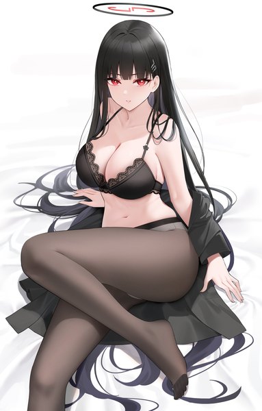 Anime picture 3119x4889 with blue archive rio (blue archive) qing wu single long hair tall image looking at viewer fringe highres breasts light erotic black hair red eyes large breasts sitting absurdres cleavage bent knee (knees) blunt bangs long sleeves