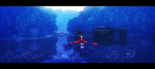 Anime picture 3504x1576 with original rias-coast single long hair looking at viewer fringe highres open mouth black hair wide image long sleeves traditional clothes japanese clothes barefoot hair flower black eyes wide sleeves bare legs wet no shoes