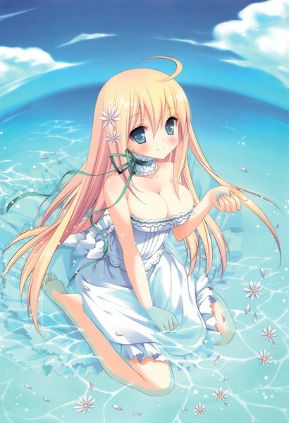 Anime picture 3088x4521 with original inugahora an single long hair tall image blush highres breasts blue eyes light erotic blonde hair large breasts sitting absurdres sky cleavage cloud (clouds) hair flower wet fisheye