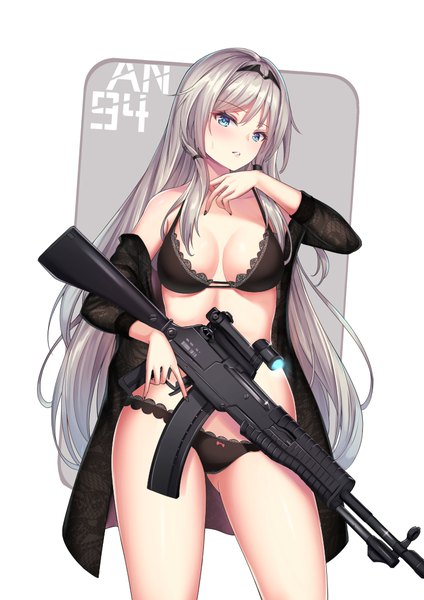 Anime-Bild 742x1050 mit girls frontline an-94 (girls frontline) cenangam single long hair tall image looking at viewer blush fringe breasts blue eyes light erotic hair between eyes white background holding cleavage silver hair nail polish parted lips fingernails