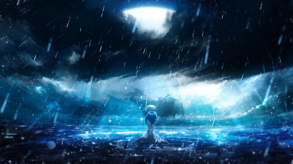 Anime picture 2560x1440 with original y y (ysk ygc) single long hair highres black hair wide image sitting cloud (clouds) blurry wallpaper looking down rain horizon hair over eyes ripples hands on face girl dress water