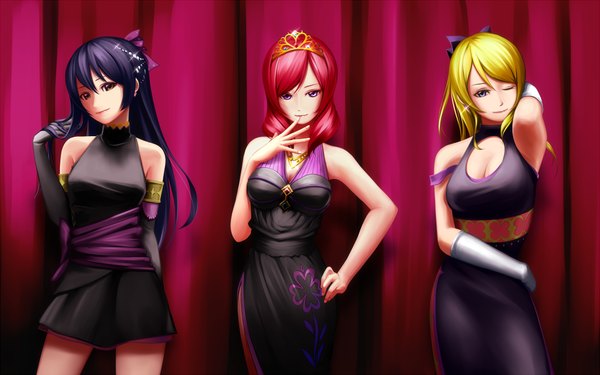 Anime picture 1000x625 with love live! school idol project sunrise (studio) love live! nishikino maki ayase eli sonoda umi bon-da long hair short hair blue eyes blonde hair purple eyes multiple girls brown eyes blue hair red hair one eye closed wink girl dress