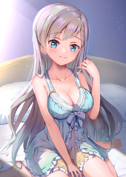 Anime picture 1295x1812 with idolmaster idolmaster cinderella girls idolmaster cinderella girls starlight stage hisakawa hayate tudon (donut) single long hair tall image looking at viewer blush fringe breasts blue eyes light erotic smile large breasts sitting bare shoulders cleavage silver hair