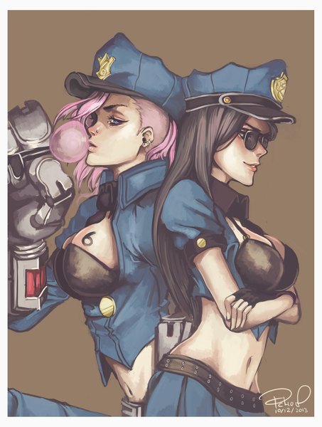 Anime picture 2344x3102 with league of legends caitlyn (league of legends) vi (league of legends) officer caitlyn i-chou long hair tall image highres short hair breasts blue eyes light erotic black hair simple background smile large breasts multiple girls pink hair cleavage lips