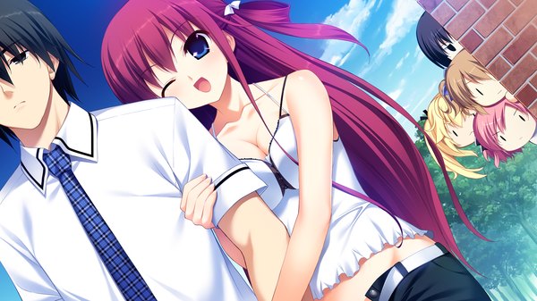 Anime picture 2560x1440 with grisaia no kajitsu suou amane matsushima michiru sakaki yumiko komine sachi irisu makina kazami yuuji fumio (ura fmo) long hair highres short hair open mouth blue eyes light erotic black hair wide image game cg red hair one eye closed wink