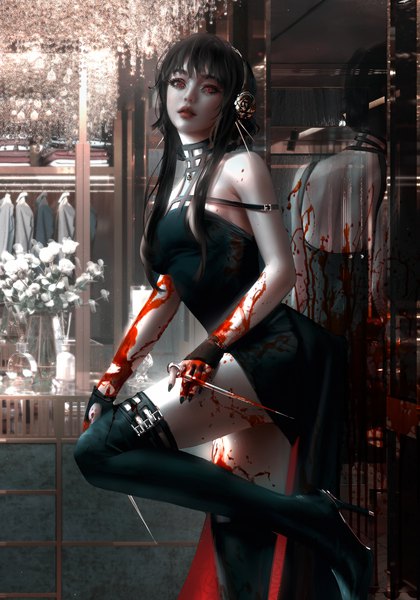 Anime picture 4200x6000 with spy x family yor briar nixeu single long hair tall image looking at viewer fringe highres breasts light erotic black hair red eyes standing holding absurdres bent knee (knees) indoors blunt bangs nail polish