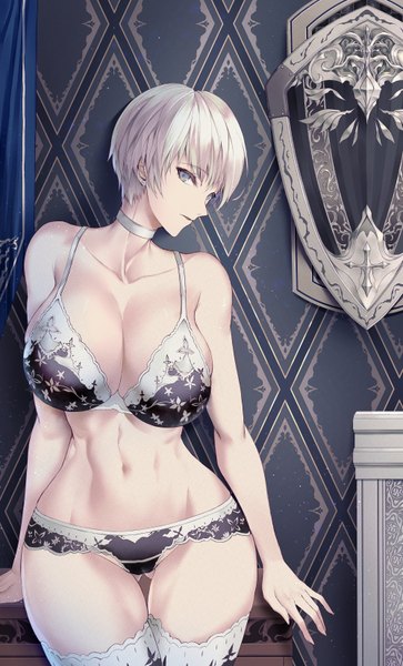Anime-Bild 1000x1650 mit original limeblock single tall image looking at viewer fringe short hair breasts light erotic hair between eyes standing bare shoulders cleavage white hair indoors parted lips profile arm support underwear only huge breasts